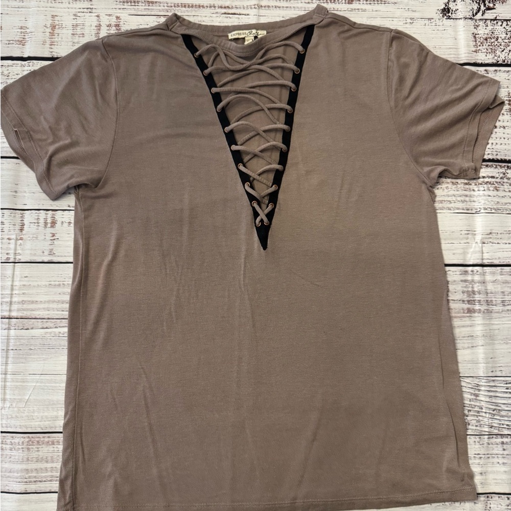 Express Lace-Up V-Neck Brown Tee